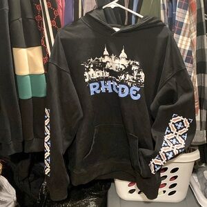 RHUDE men's large black w lt blue & white print w/ lt blue design on arm sleeves